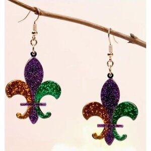 Mardi‎ Gras Fleur-De-Lis Glitter Earrings NEW